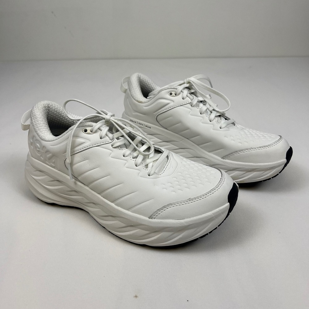 Hoka Bondi SR 11 White Leather Slip Resistant Work Walking Shoes Excellent